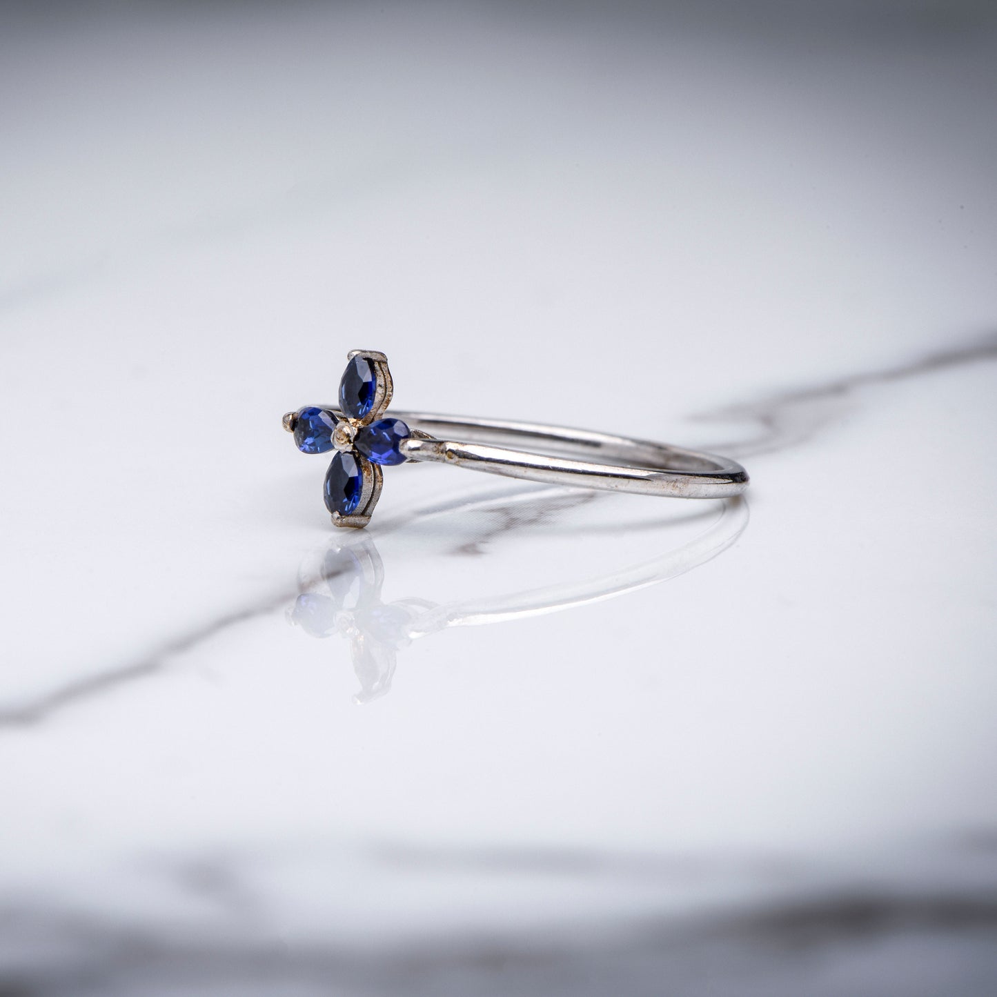 Dainty Sapphire Flower Ring in 14k 8k Gold, Teardrop Cut Blue Gemstone, Delicate Floral Fine Jewelry