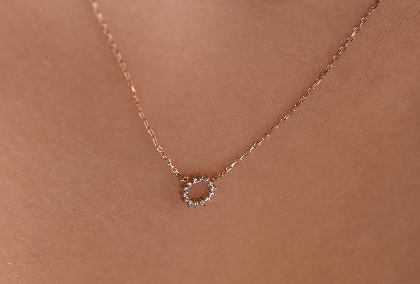 14K Yellow Gold Sunburst Diamond Necklace - Dainty Circle Pendant Gift for Her