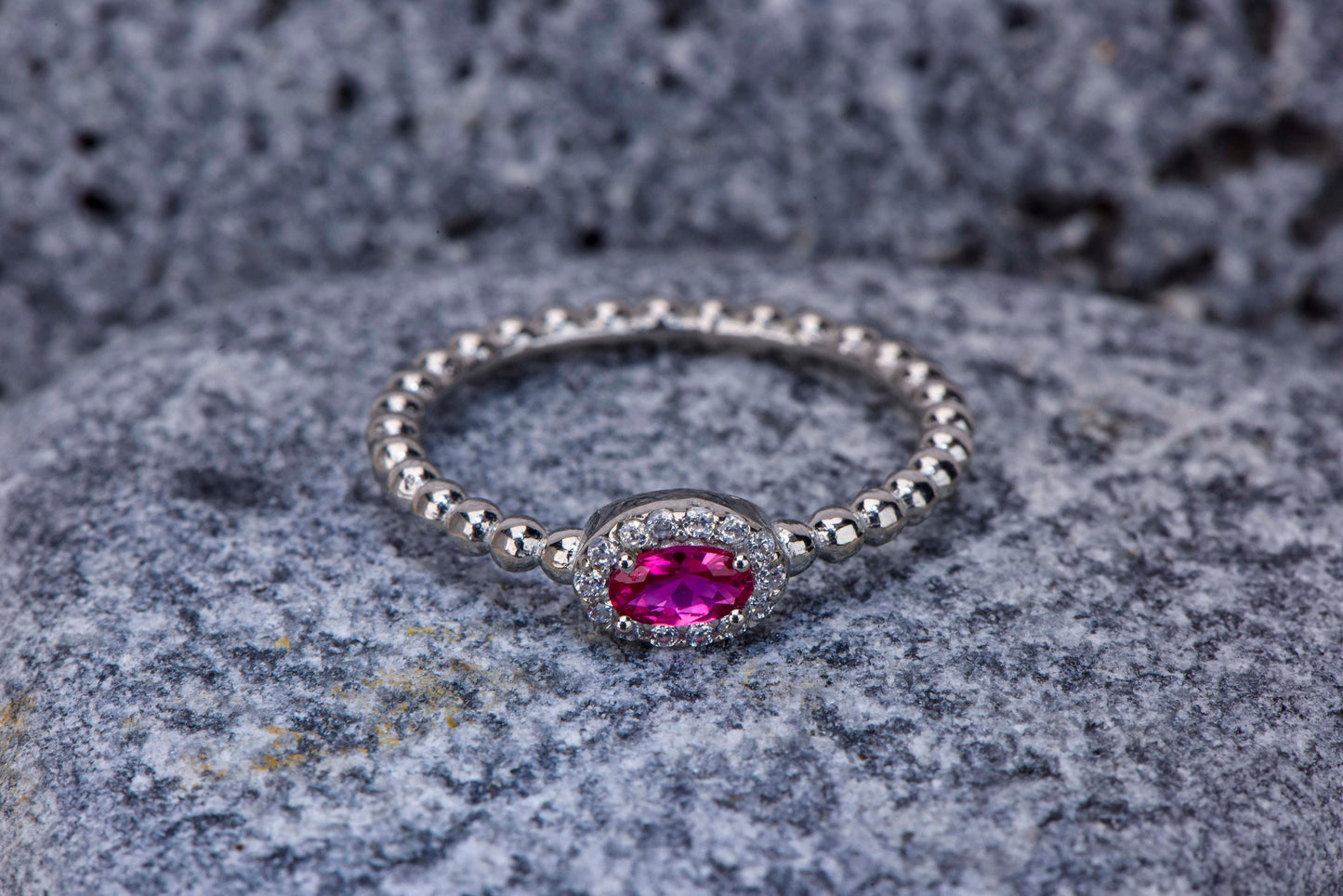 Oval Cut Pink Gemstone Halo Ring – 14K White Gold Beaded Band with Diamonds | Handmade Elegant Mother’s Day Gift
