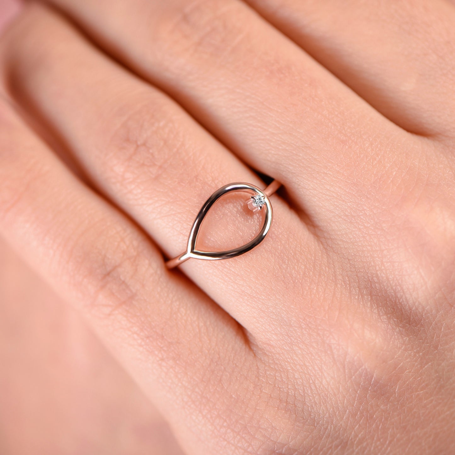 14K Solid Gold Teardrop Ring with Diamond – Minimalist Handmade Dainty Ring