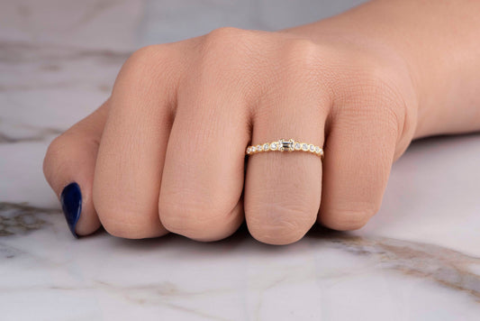 14K Gold Baguette and Round Diamond Ring – Dainty Stackable Engagement Band