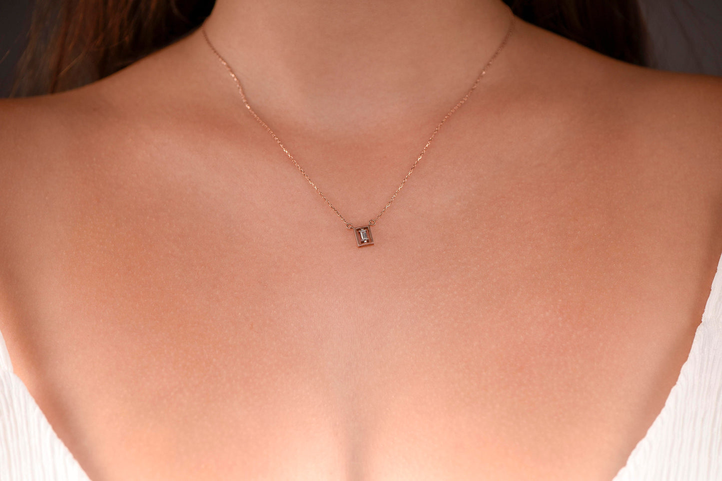 14K Solid Gold Baguette Stone Necklace,Baguette Stone Necklace,Framed Gold Necklace,Customizable Baguette Necklace, Gift For Mom
