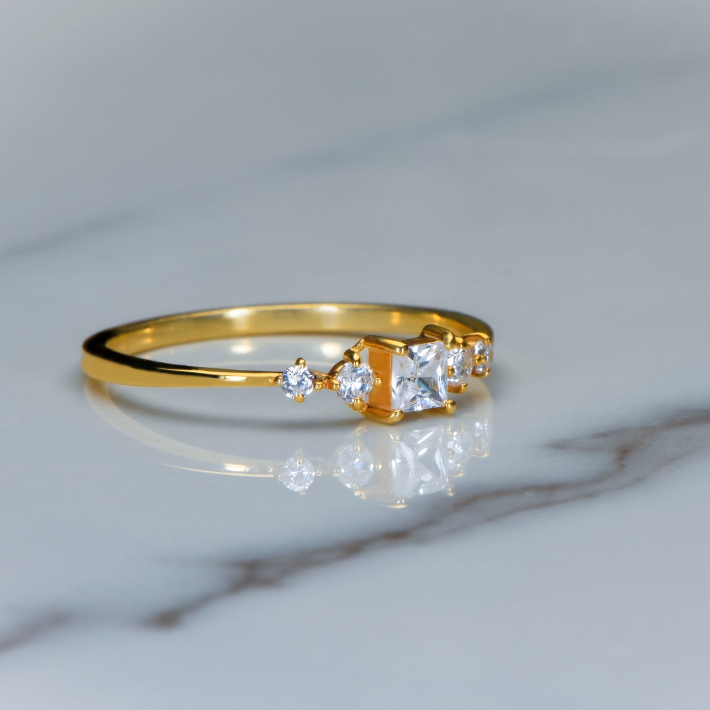14K Gold Princess Cut Diamond Ring, Dainty Thin Band Engagement Ring with Side Round Accents, Elegant Gift for Her