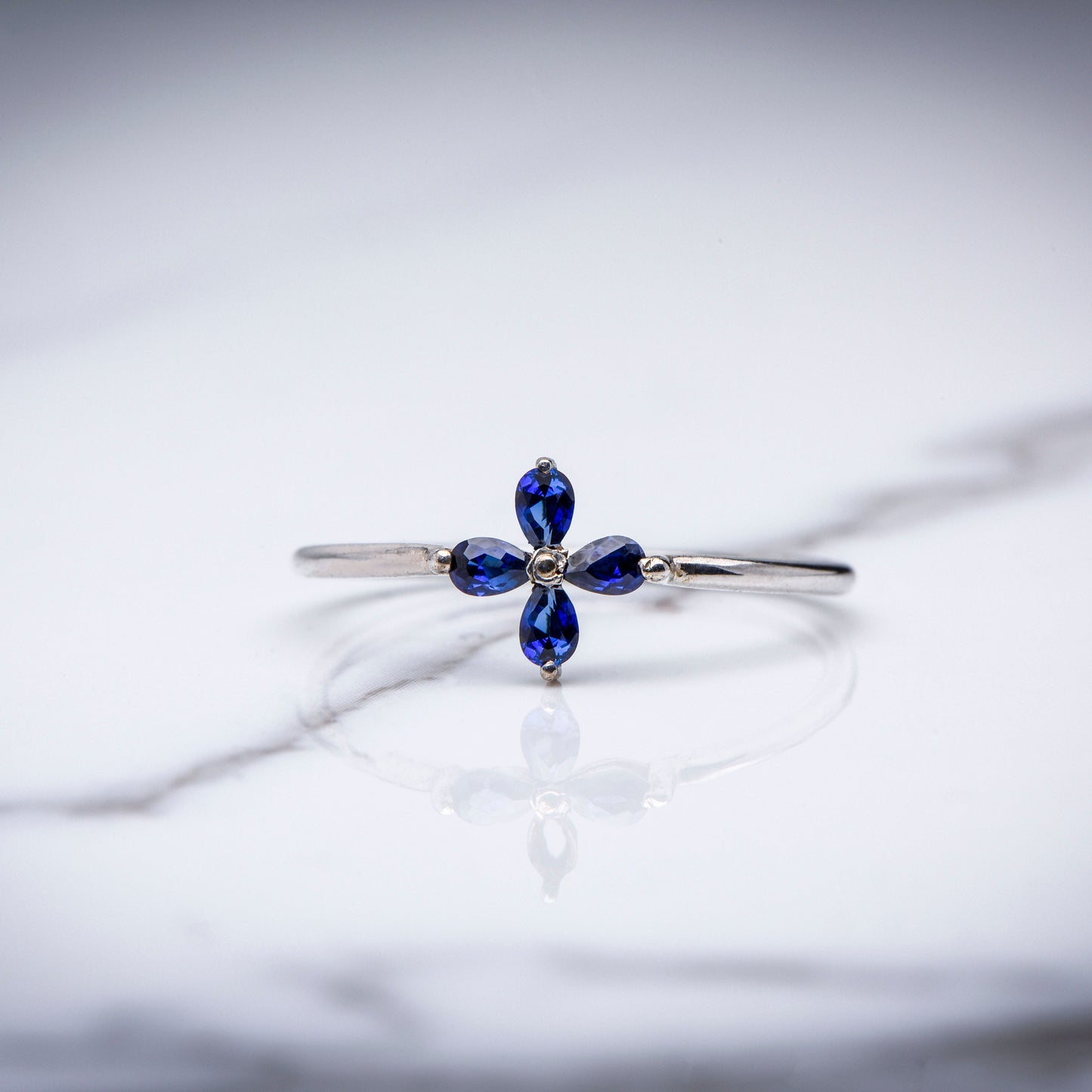 Dainty Sapphire Flower Ring in 14k 8k Gold, Teardrop Cut Blue Gemstone, Delicate Floral Fine Jewelry