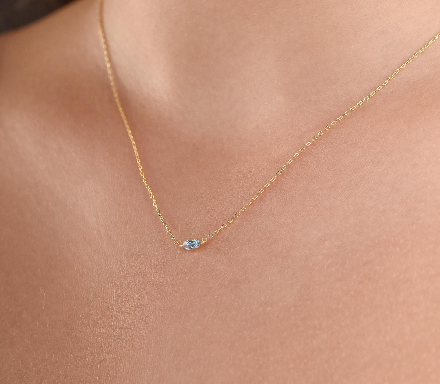 14K Yellow Gold Marquise Aquamarine Necklace - Dainty Blue Gemstone Pendant for Her