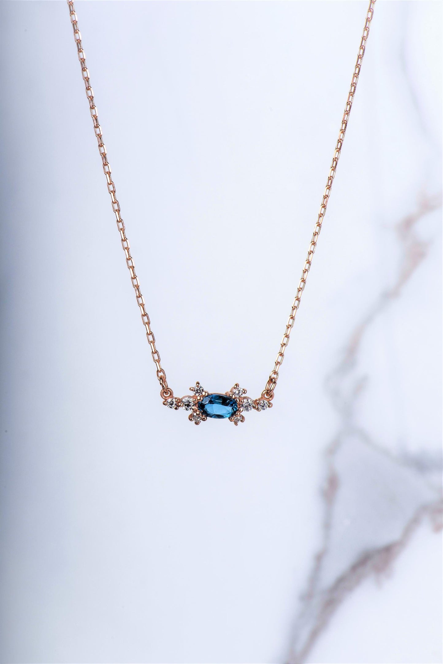 14K Rose Gold Natural Sapphire Necklace with Diamonds - Minimalist Elegant Gift for Her