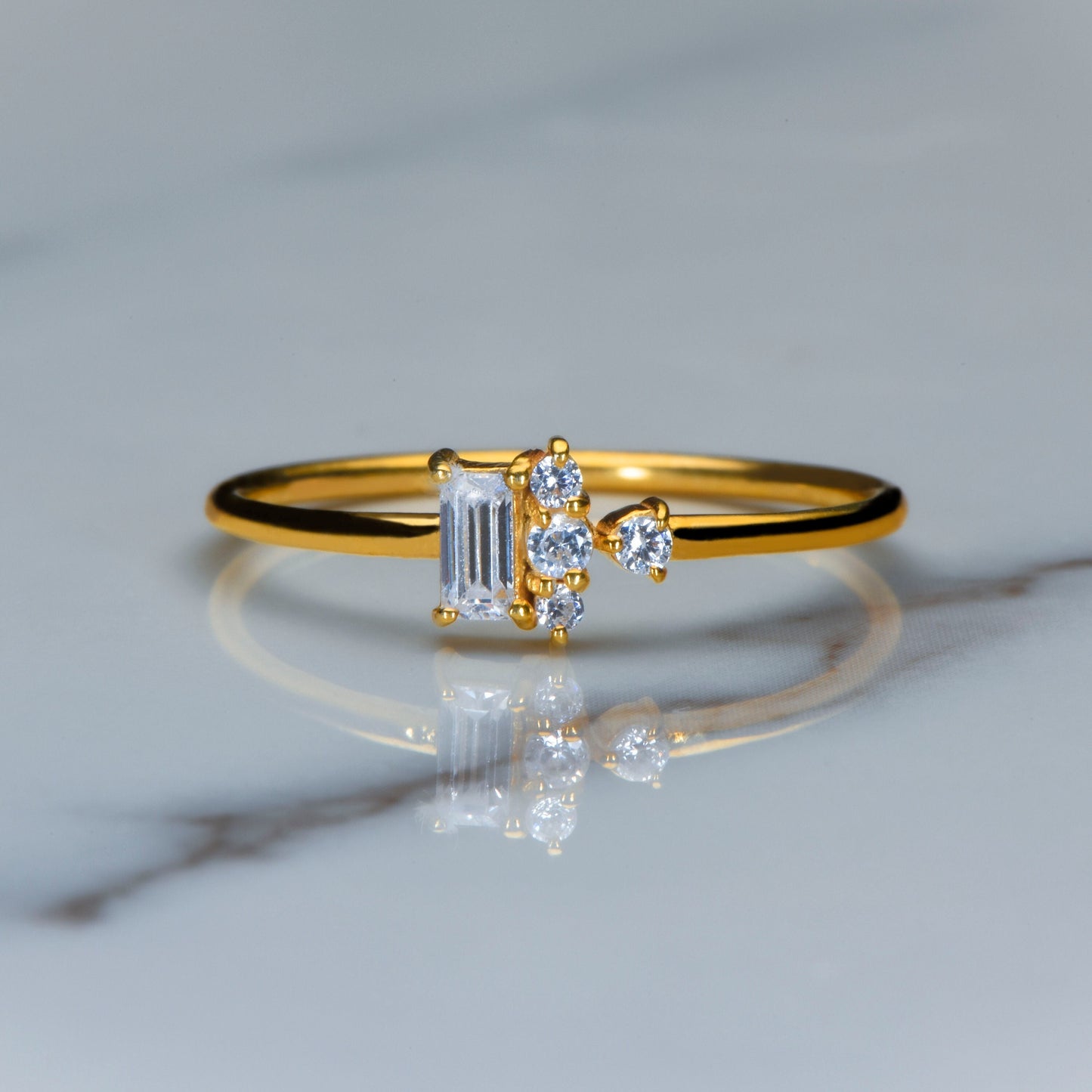 14K Gold Diamond Ring with Baguette and Round Cut Stones, Minimalist Thin Band Engagement Ring, Dainty Fine Jewelry for Her