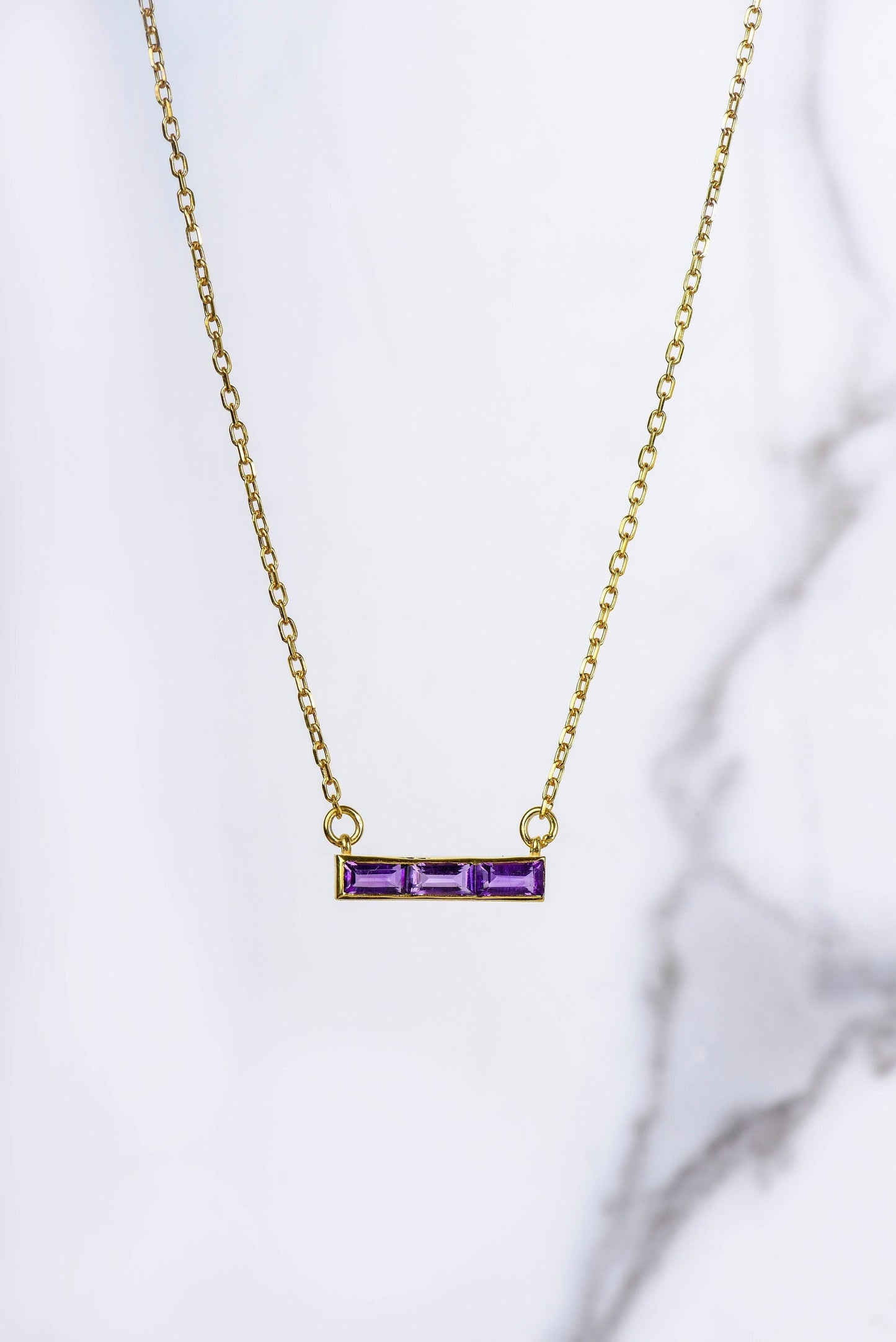 14K Yellow Gold Baguette Amethyst Bar Necklace - Dainty Purple Gemstone Pendant for Her