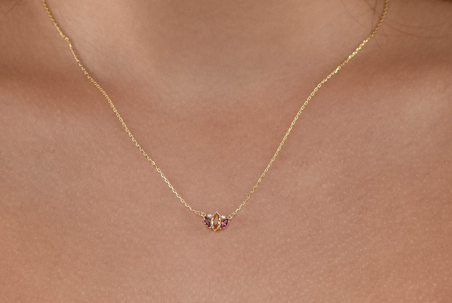 14K Yellow Gold Citrine and Garnet Necklace with Diamonds - Marquise Cut Gemstone Pendant for Her