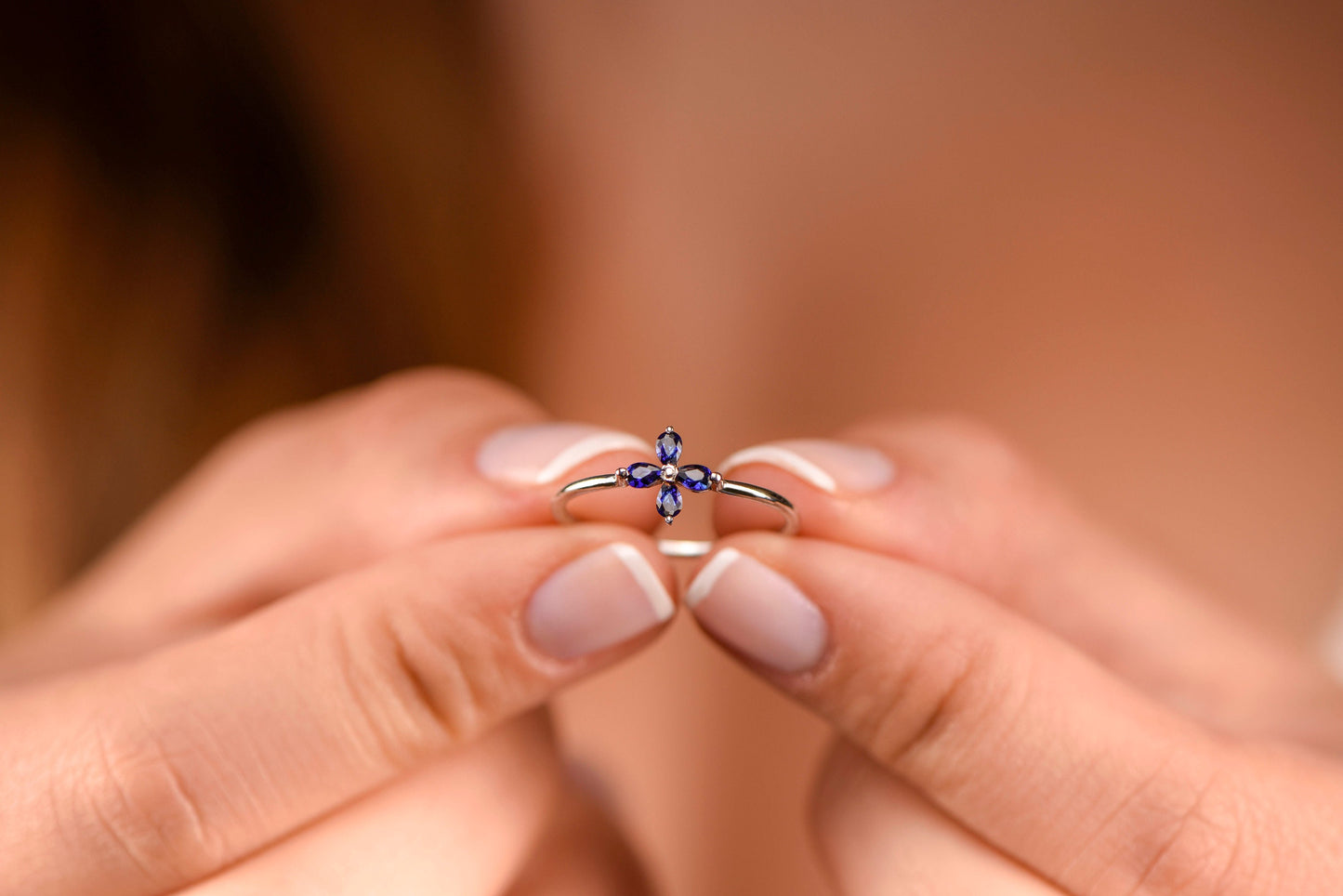 Dainty Sapphire Flower Ring in 14k 8k Gold, Teardrop Cut Blue Gemstone, Delicate Floral Fine Jewelry