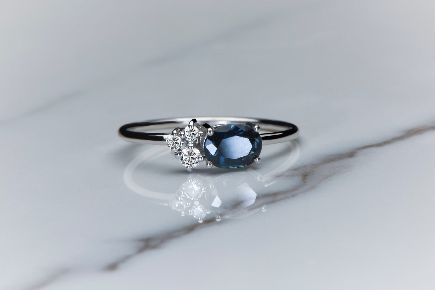 Lab Created Sapphire and Diamond Ring in 14k White Gold – Modern Minimalist Engagement or Gift Ring