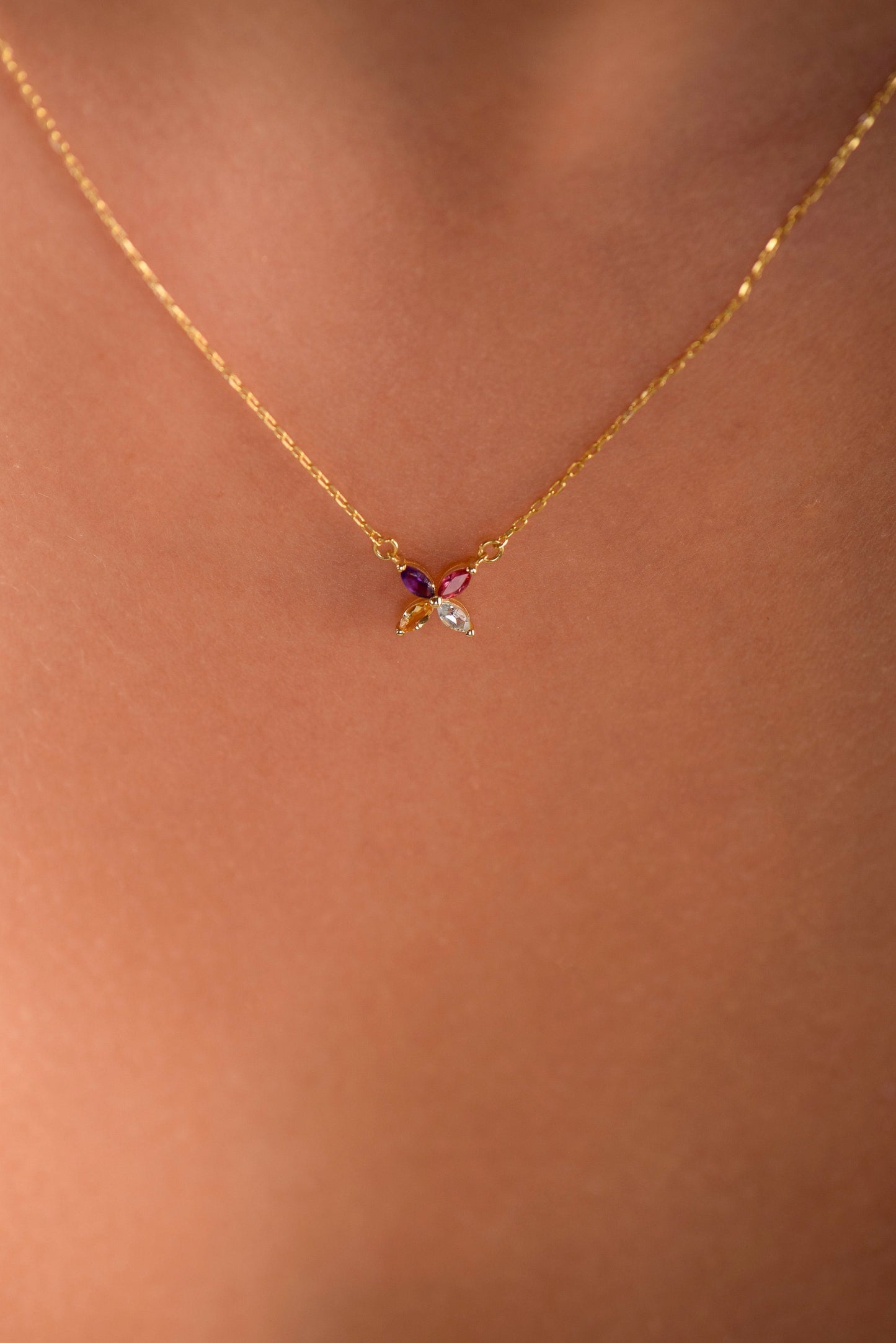 14K Yellow Gold Multicolor Gemstone Flower Necklace - Marquise Cut Pendant Gift for Her