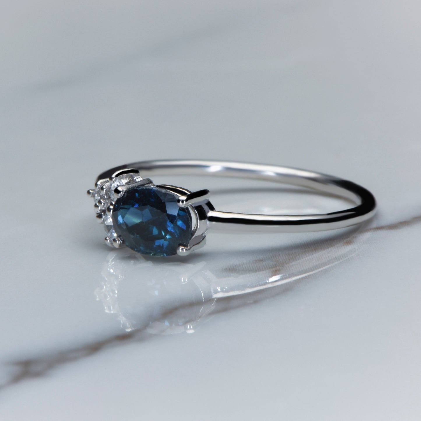 Lab Created Sapphire and Diamond Ring in 14k White Gold – Modern Minimalist Engagement or Gift Ring
