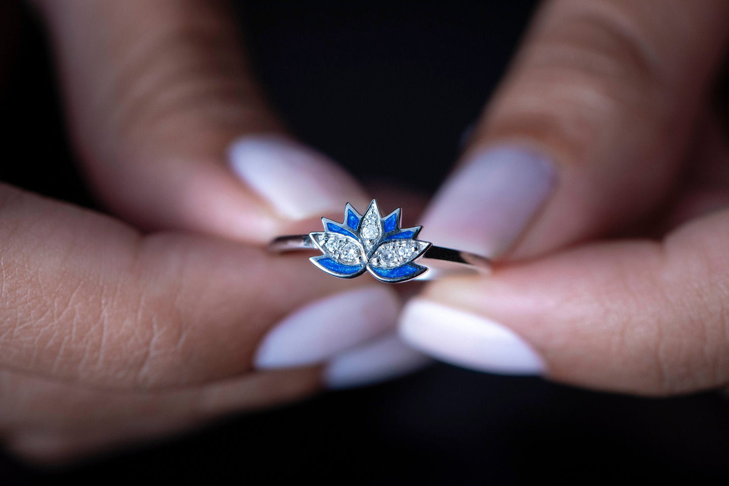14K Gold Lotus Flower Diamond Ring with Blue Enamel, Delicate Nature Inspired Minimalist Design