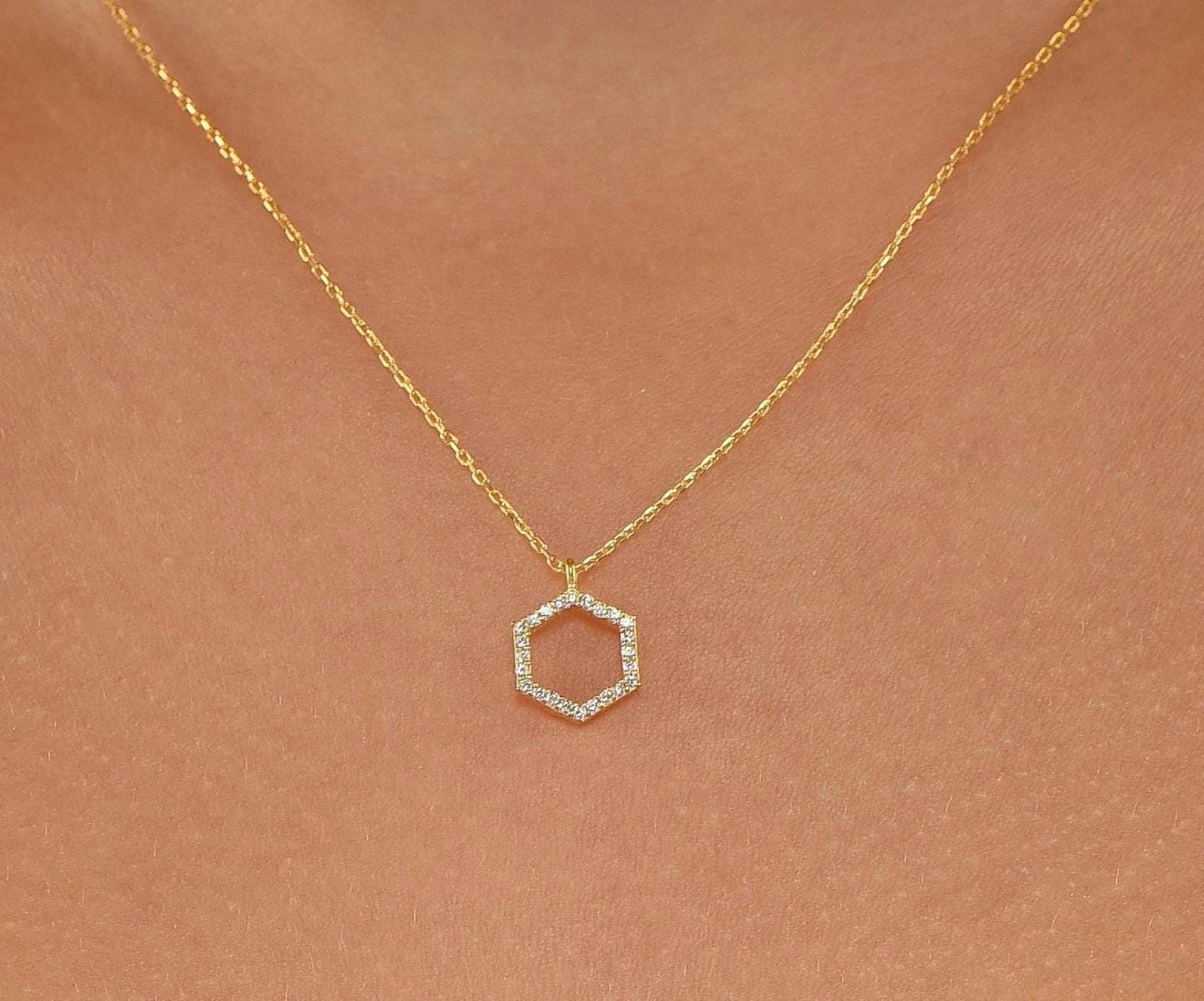 14K Yellow Gold Hexagon Diamond Necklace - Geometric Minimalist Pendant Gift for Her