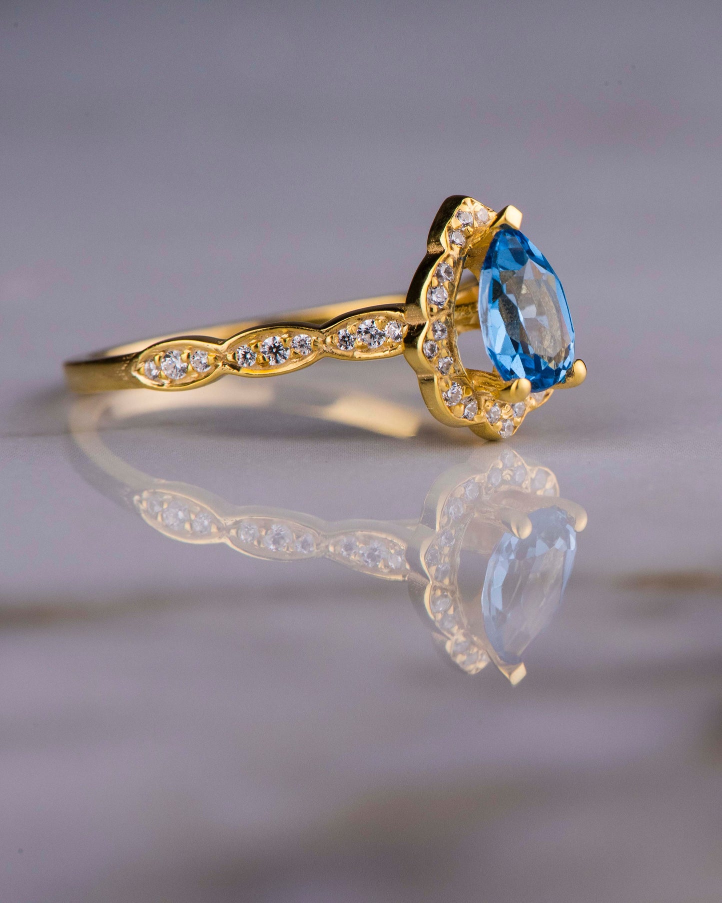 Pear Cut Blue Topaz and Diamond Ring in 14k Gold – Vintage Engagement or Mother’s Day Gift for Her