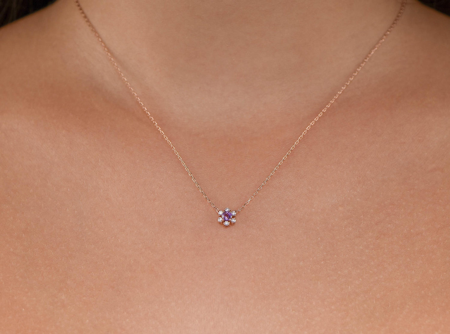 14K Yellow Gold Amethyst and Diamond Flower Necklace - Dainty Purple Gemstone Pendant for Her