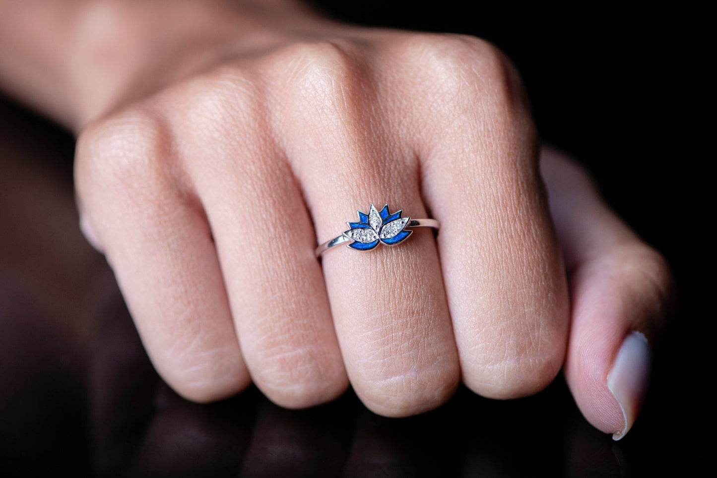 14K Gold Lotus Flower Diamond Ring with Blue Enamel, Delicate Nature Inspired Minimalist Design