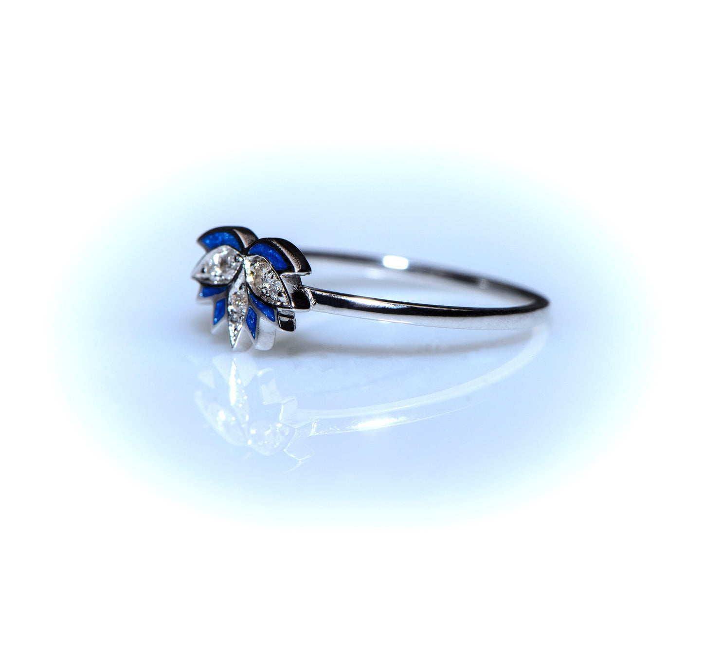 14K Gold Lotus Flower Diamond Ring with Blue Enamel, Delicate Nature Inspired Minimalist Design