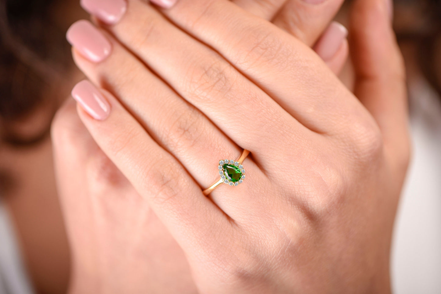 ear Cut Lab Emerald and Diamond Halo Ring in 14k Gold – Vintage Inspired Engagement or Gift for Her