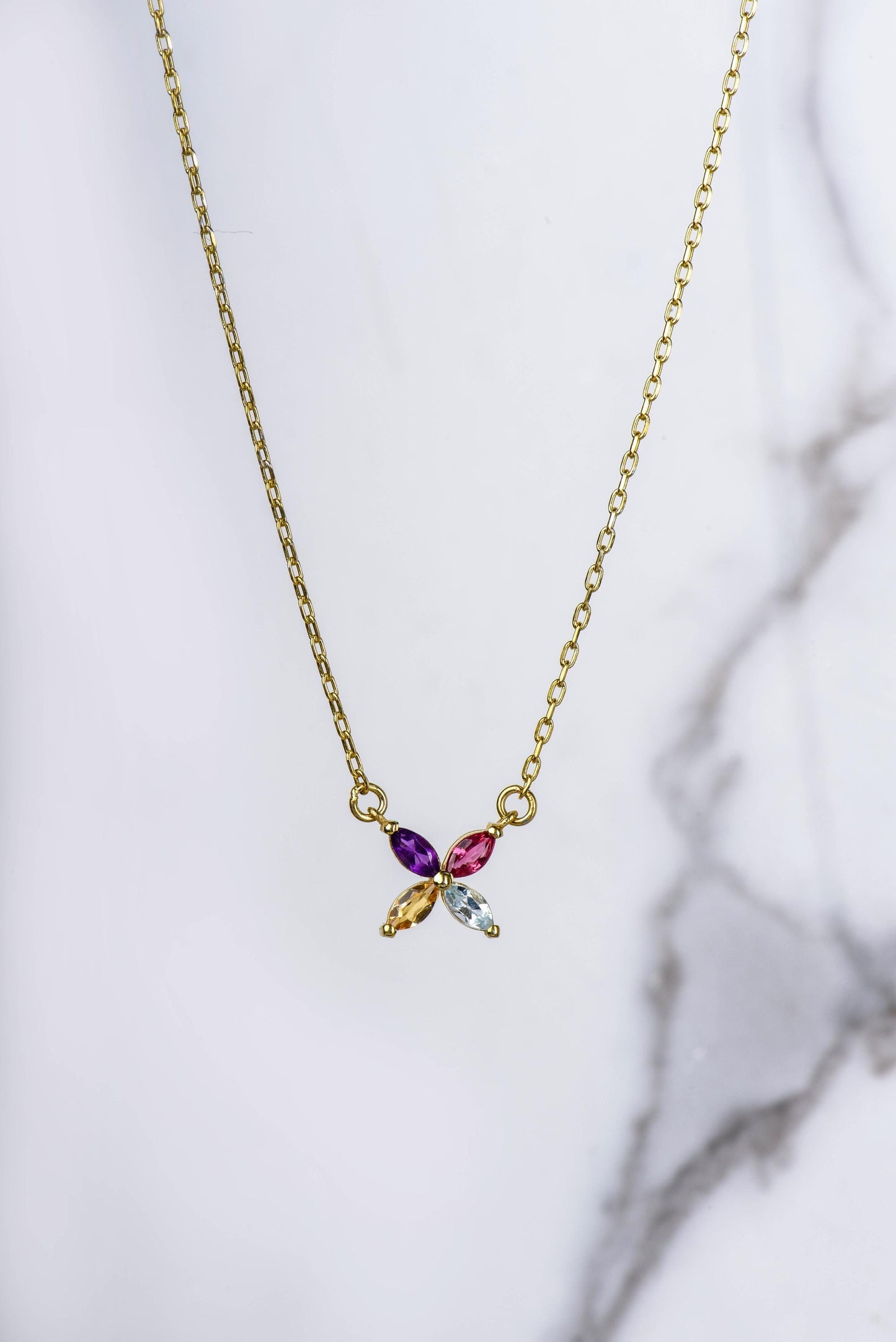 14K Yellow Gold Amethyst Flower Necklace - Marquise Cut Purple Gemstone Pendant for Her