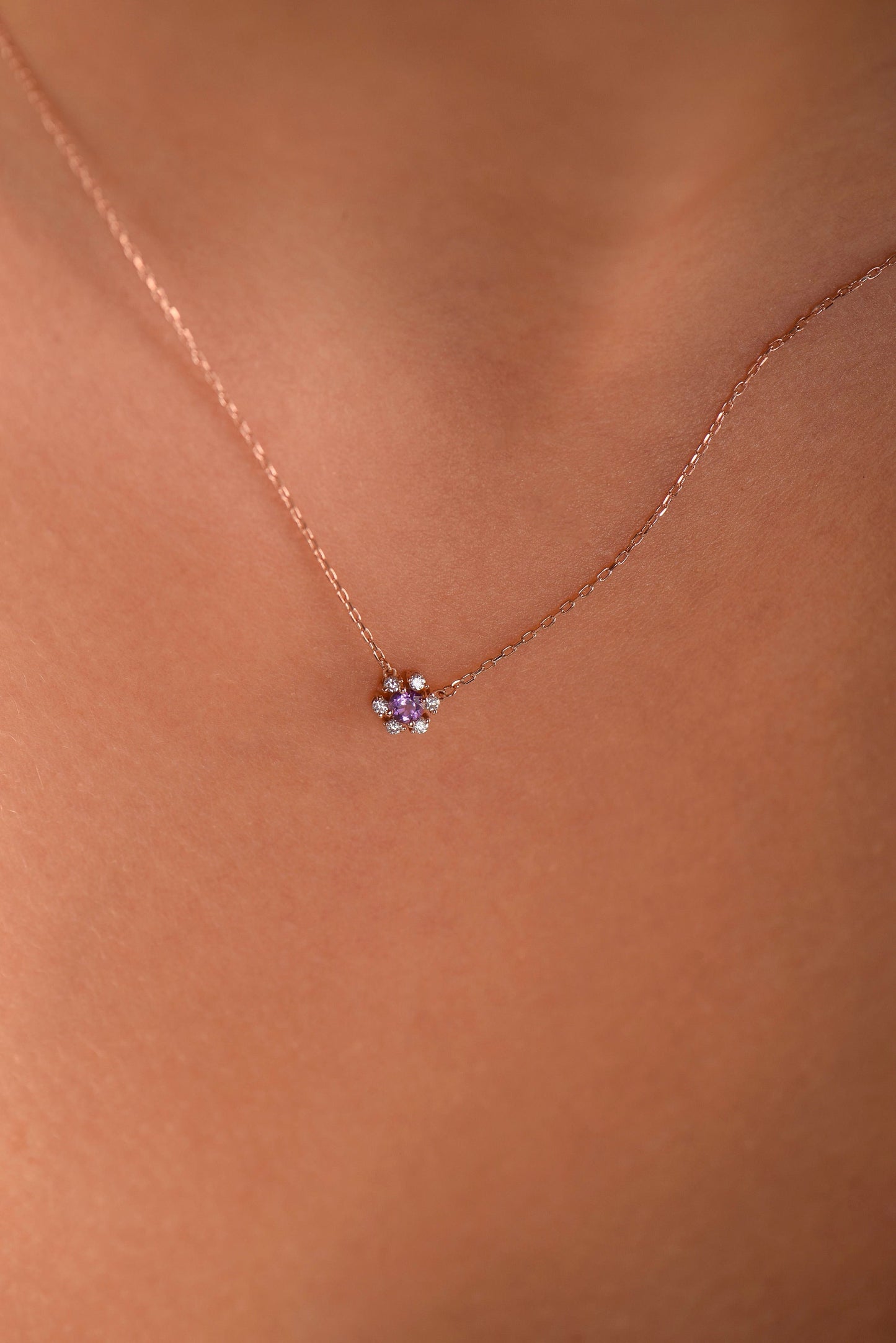 14K Yellow Gold Amethyst and Diamond Flower Necklace - Dainty Purple Gemstone Pendant for Her