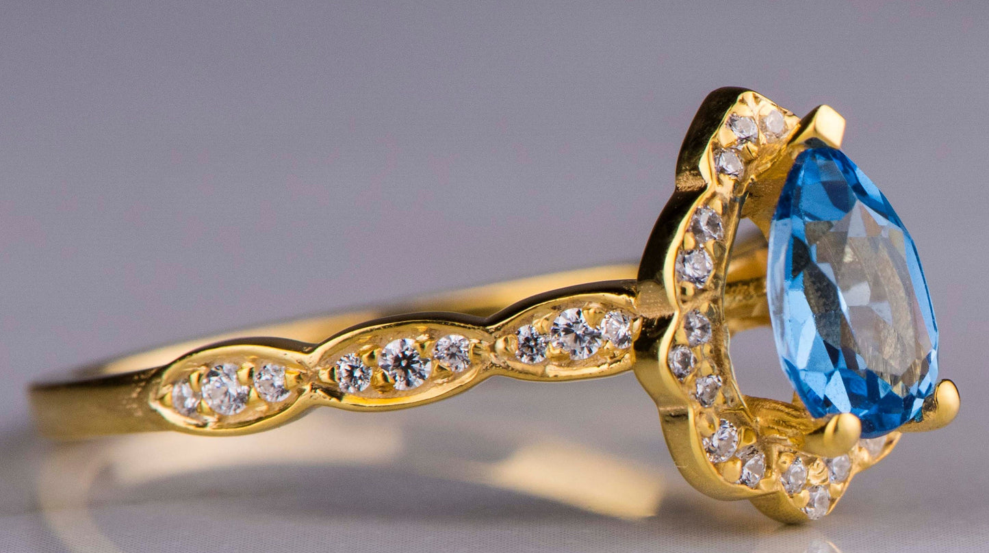 Pear Cut Blue Topaz and Diamond Ring in 14k Gold – Vintage Engagement or Mother’s Day Gift for Her