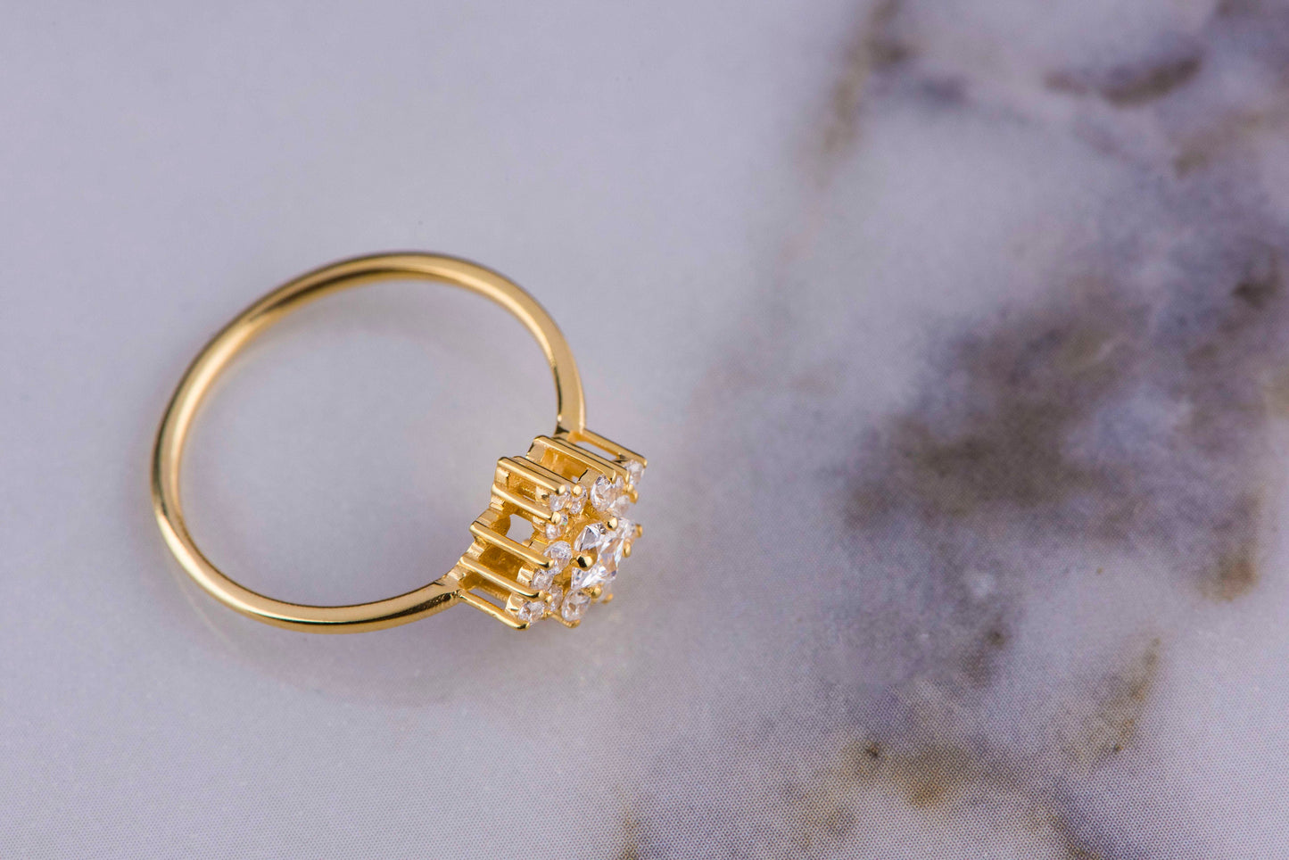 Princess Cut Diamond Cluster Engagement Ring – 14K Solid Gold, Dainty Vintage-Inspired Ring