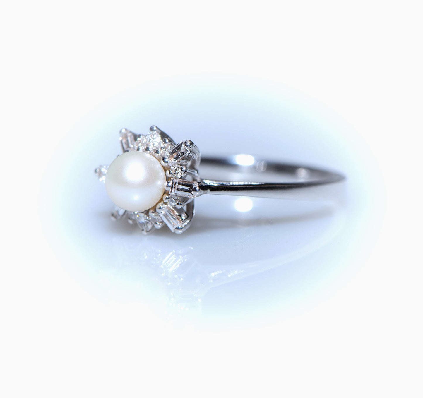 14K Gold Pearl and Diamond Ring with Baguette and Round Cut Stones, Elegant Anniversary or Engagement Ring