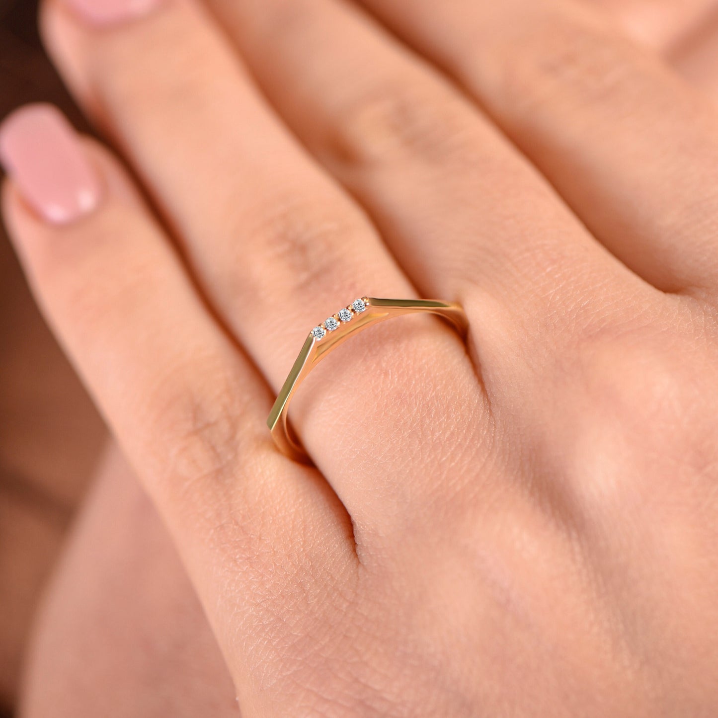 Dainty Diamond Promise Ring, 14K solid gold diamond ring, Square style diamond wedding band, Thin gold ring- Gift for Mom