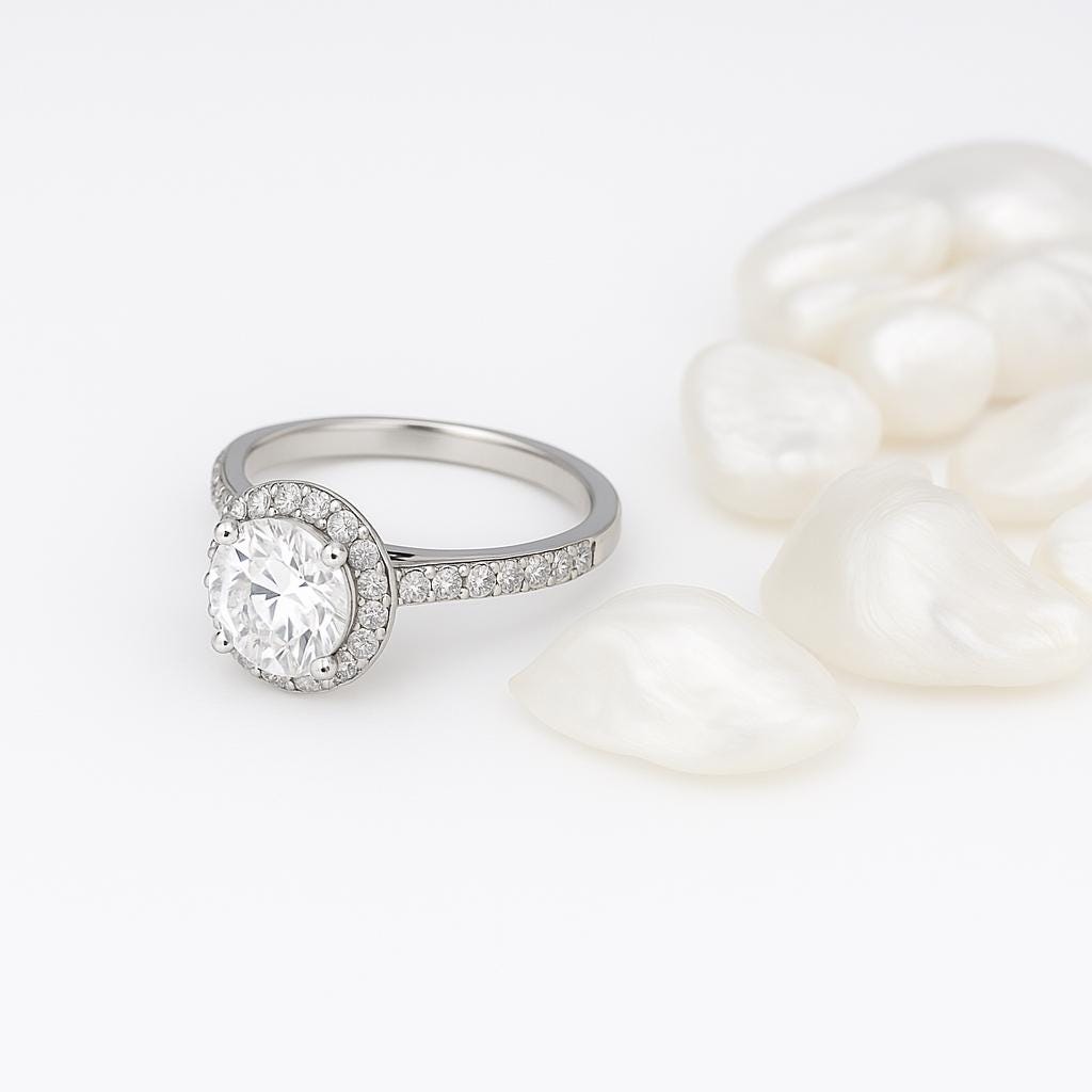 14K White Gold Halo Moissanite Ring, 1 Carat Round Cut, Engagement, Proposal & Wedding Ring