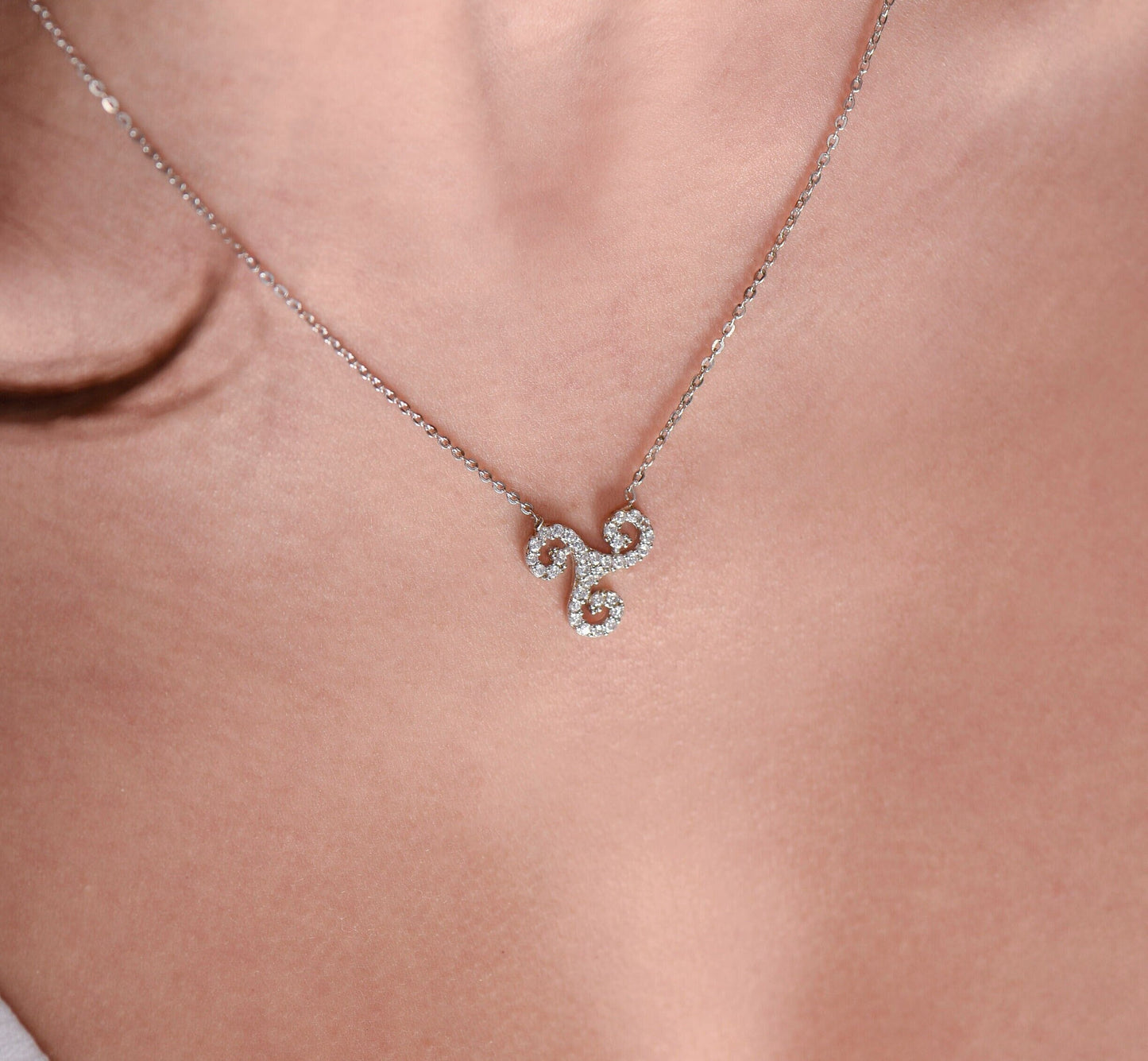 Diamond Triskelion Necklace,Real Gold Triple Spiral Necklace,Triskel Necklace,Birthday Gift,Minimal Diamond Necklace, Gift For Mom