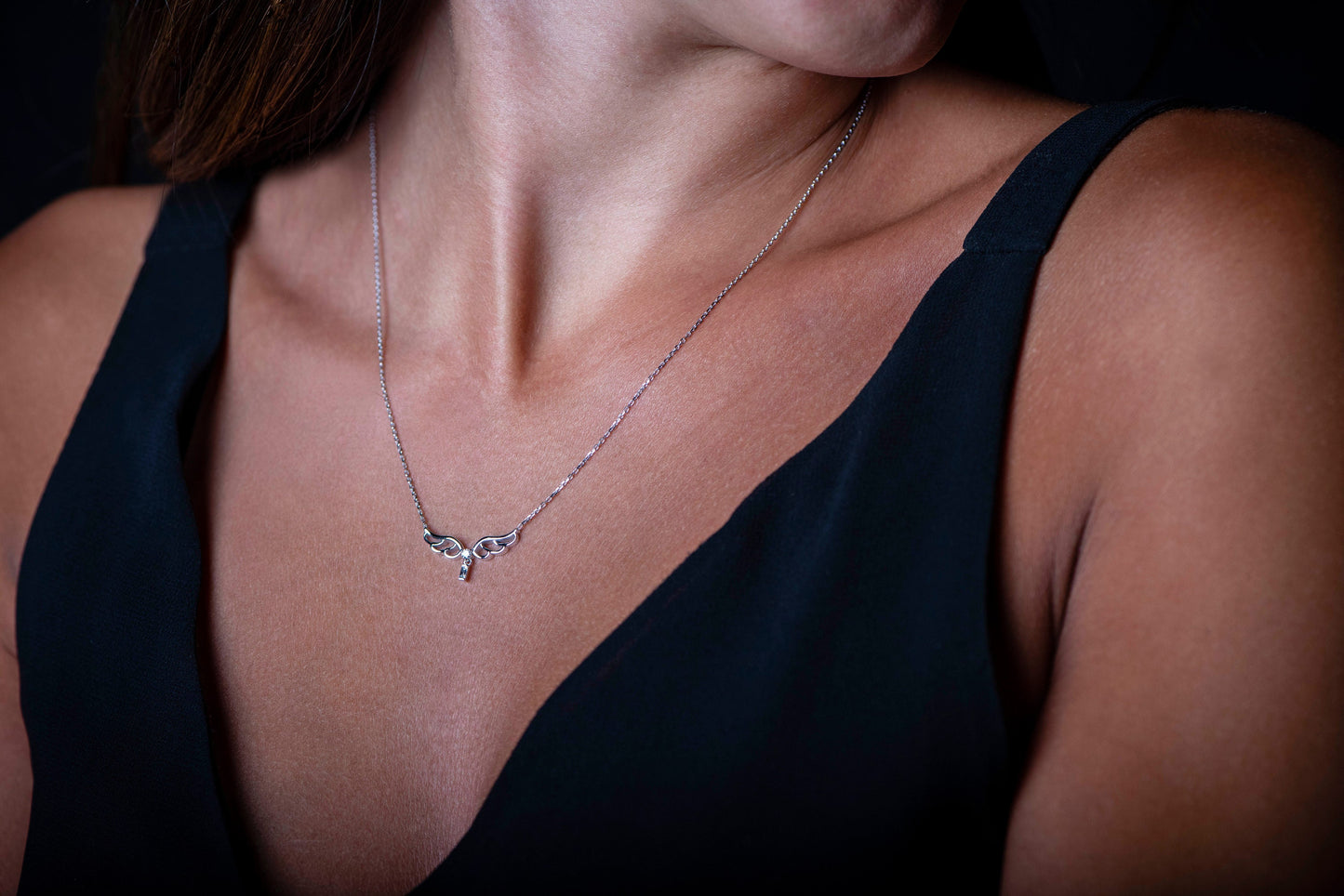 14K Solid Diamond Angel Necklace,Elegant White Solid Gold Angel Wing Necklace,Baguette Diamond Accent, Gift For Mom