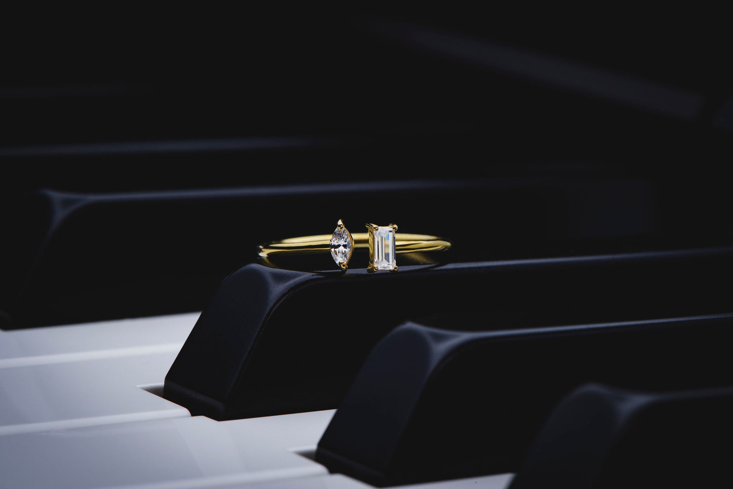 14K Solid Gold Open Ring with Marquise & Baguette Diamond – Minimalist Statement Ring