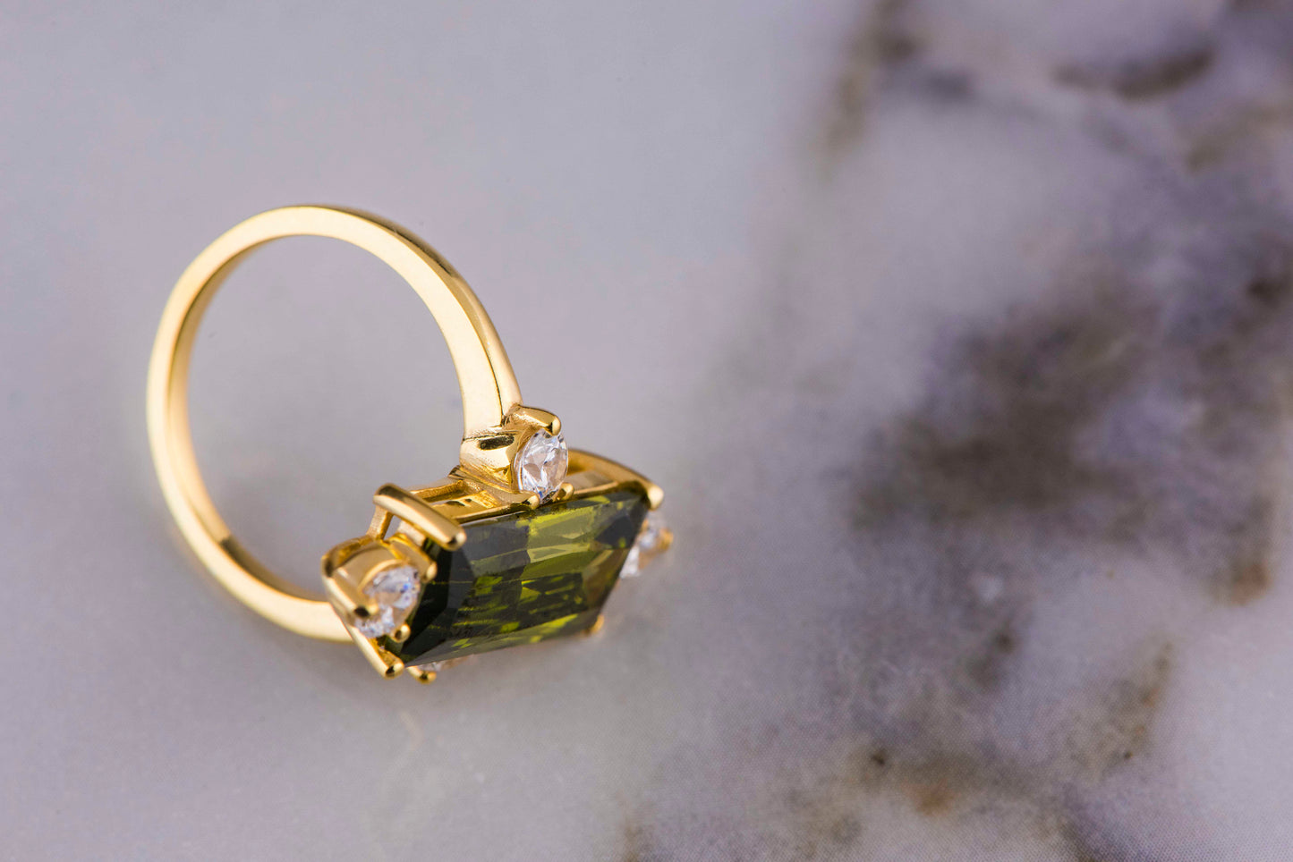 Statement Baguette Peridot and Diamond Ring in 14k Gold – Modern Vintage Engagement or Mother’s Day Gift