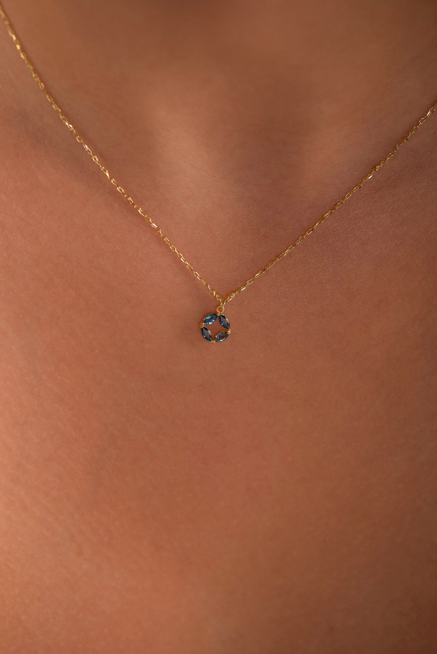 14K Yellow Gold London Blue Topaz Circle Necklace - Marquise Cut Gemstone Pendant for Her