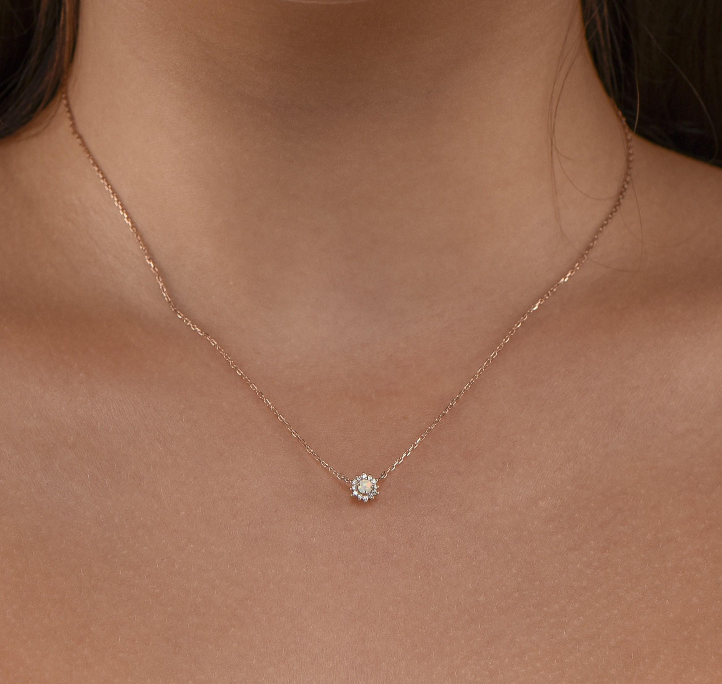 14K Rose Gold Opal and Diamond Halo Necklace - Dainty October Birthstone Pendant Gift for Her