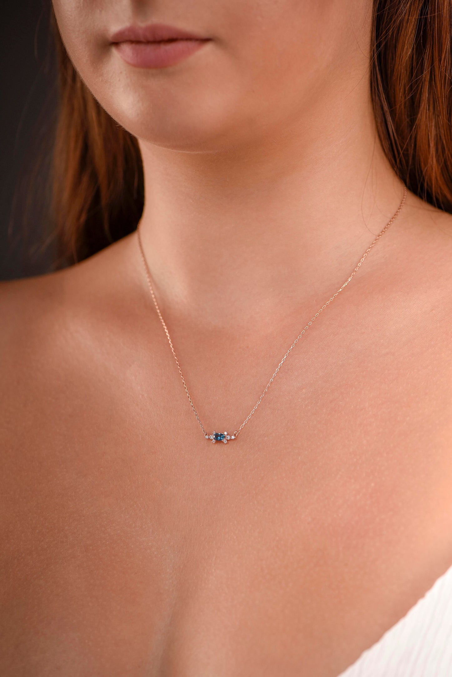 14K Rose Gold London Blue Topaz and Diamond Cluster Necklace - Oval Cut Gemstone Pendant for Her
