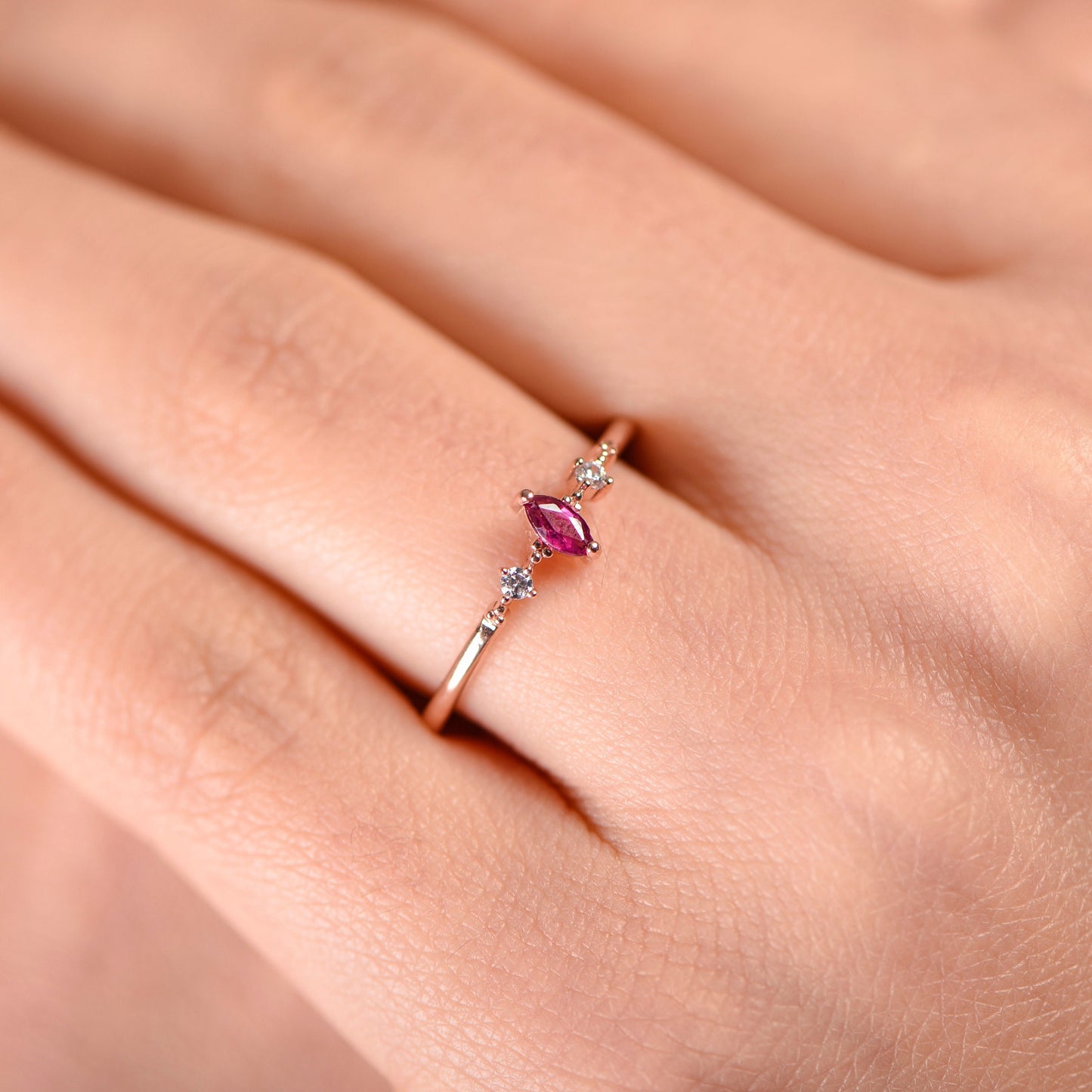 Customizable Ruby Marquise Ring – 8K 14K 18K Gold Minimal Birthstone Jewelry Gift for Her