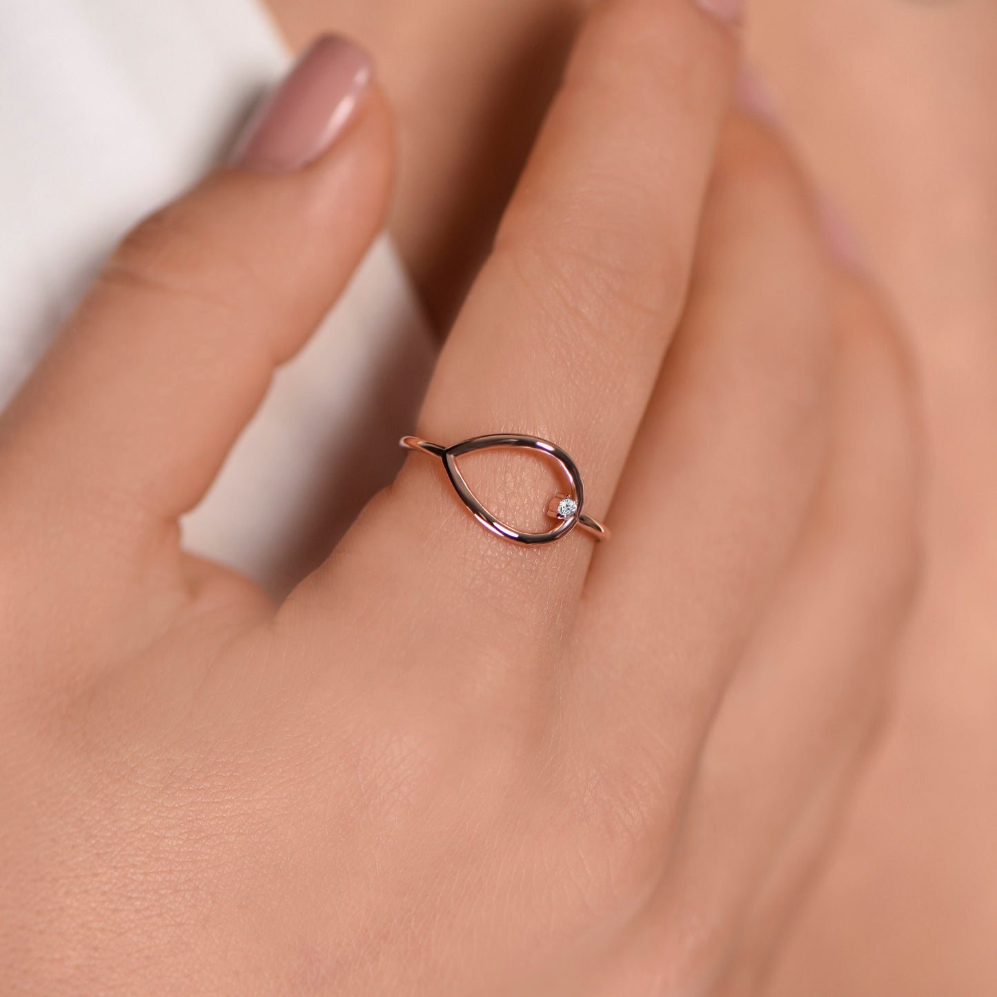 14K Solid Gold Teardrop Ring with Diamond – Minimalist Handmade Dainty Ring