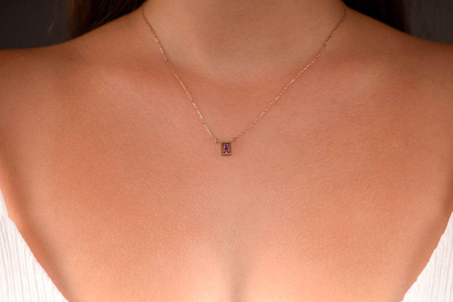 Rectangular Frame Gemstone Necklace in 14K or 8K Gold - Minimalist Baguette amethyst,Pendant Gift for Her