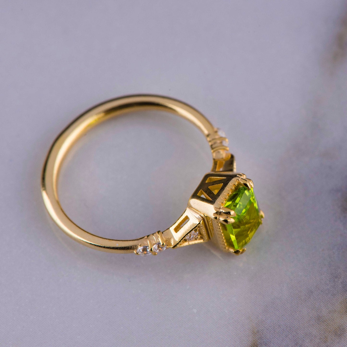 Emerald Cut Peridot and Diamond Ring in 14k Gold – Vintage Engagement or Mother’s Day Gift
