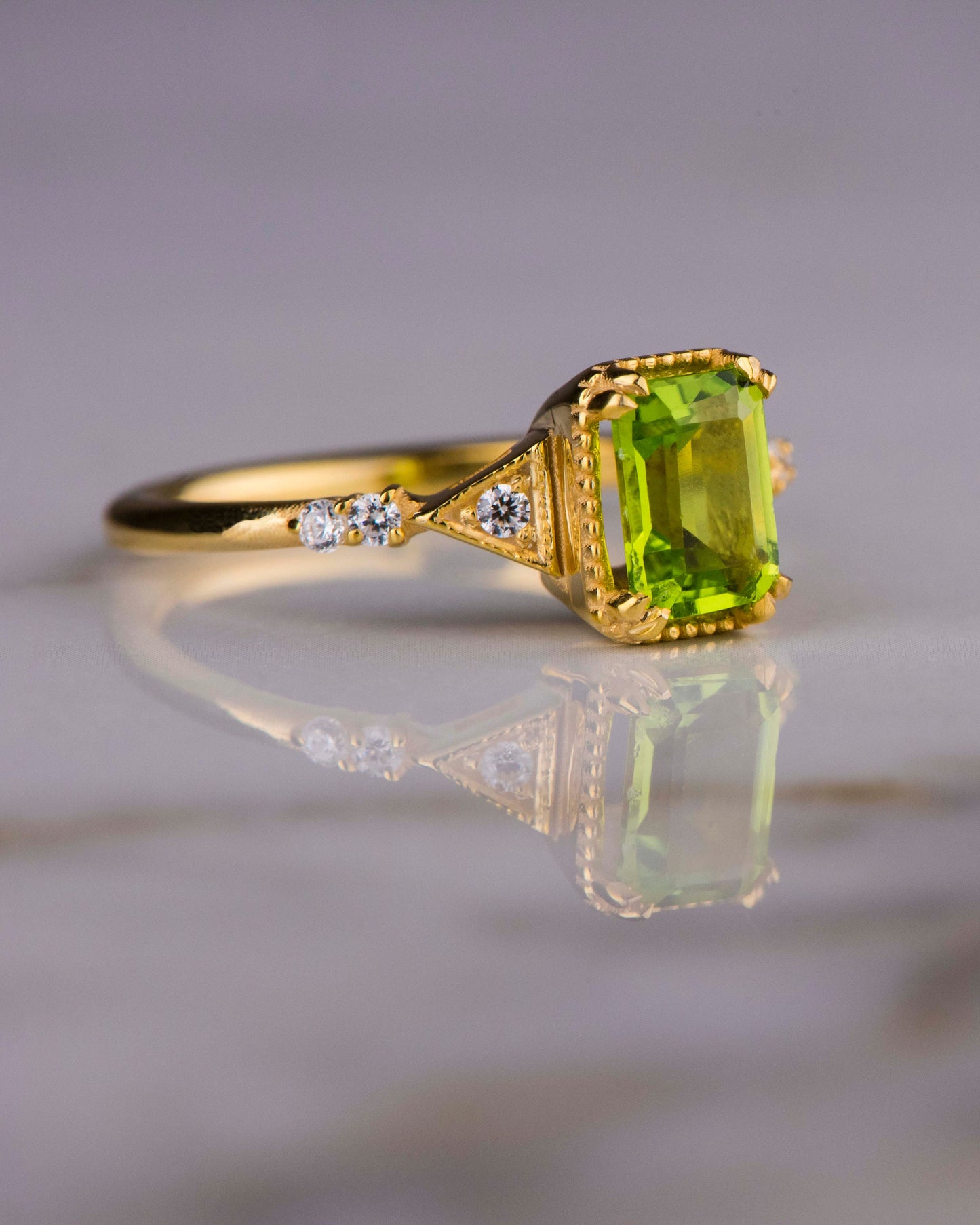 Emerald Cut Peridot and Diamond Ring in 14k Gold – Vintage Engagement or Mother’s Day Gift