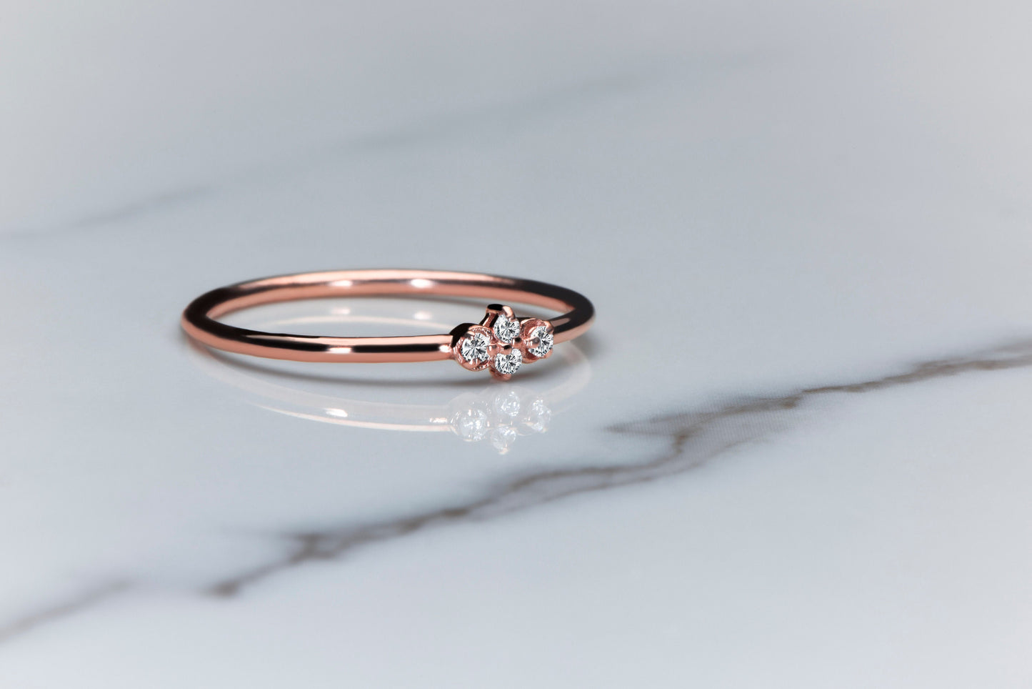 14K Rose Gold Minimalist Diamond Ring, Dainty Thin Band with Four Round Cut Diamonds, Everyday Fine Jewelry for Her