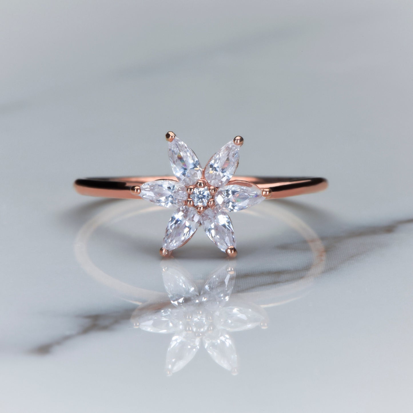 Marquise Diamond Flower Ring – 14K Rose Gold, Dainty Everyday Ring, Natural Diamond Gift, Customizable Floral Design