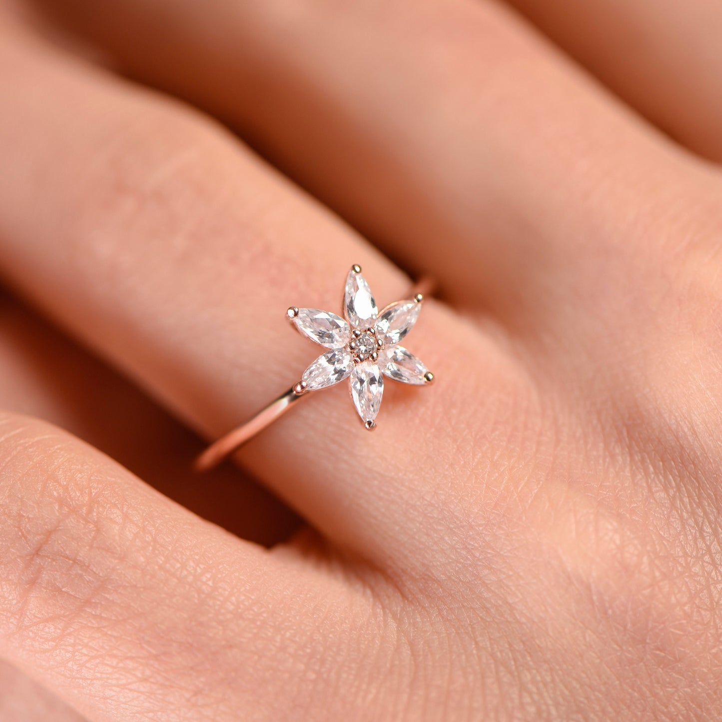 Marquise Diamond Flower Ring – 14K Rose Gold, Dainty Everyday Ring, Natural Diamond Gift, Customizable Floral Design