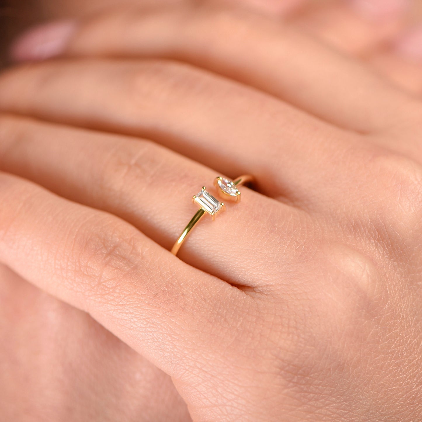 14K Solid Gold Open Ring with Marquise & Baguette Diamond – Minimalist Statement Ring