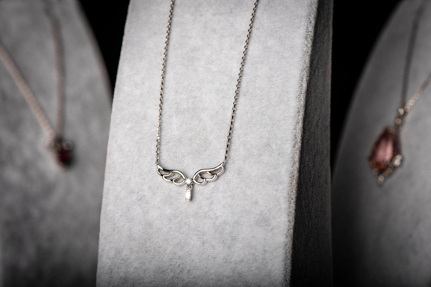 14K Solid Diamond Angel Necklace,Elegant White Solid Gold Angel Wing Necklace,Baguette Diamond Accent, Gift For Mom