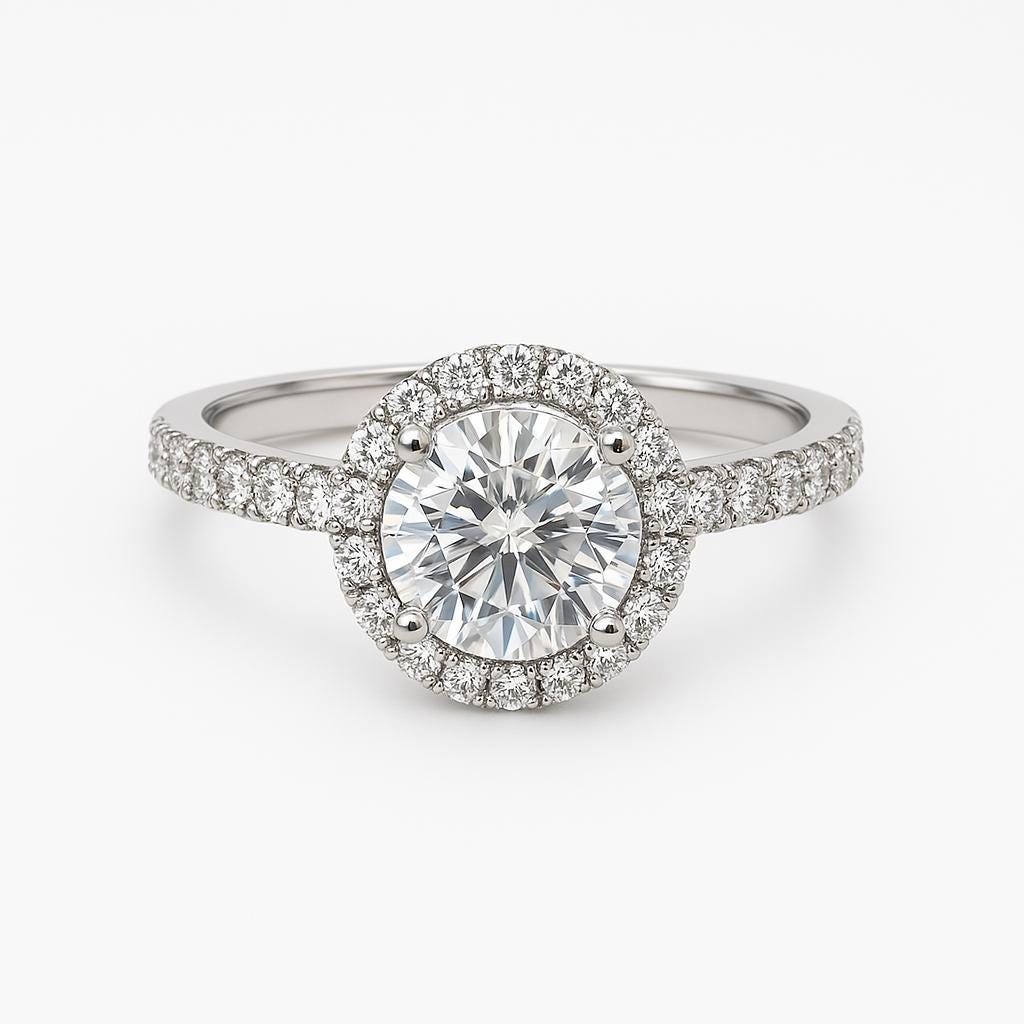 14K White Gold Halo Moissanite Ring, 1 Carat Round Cut, Engagement, Proposal & Wedding Ring