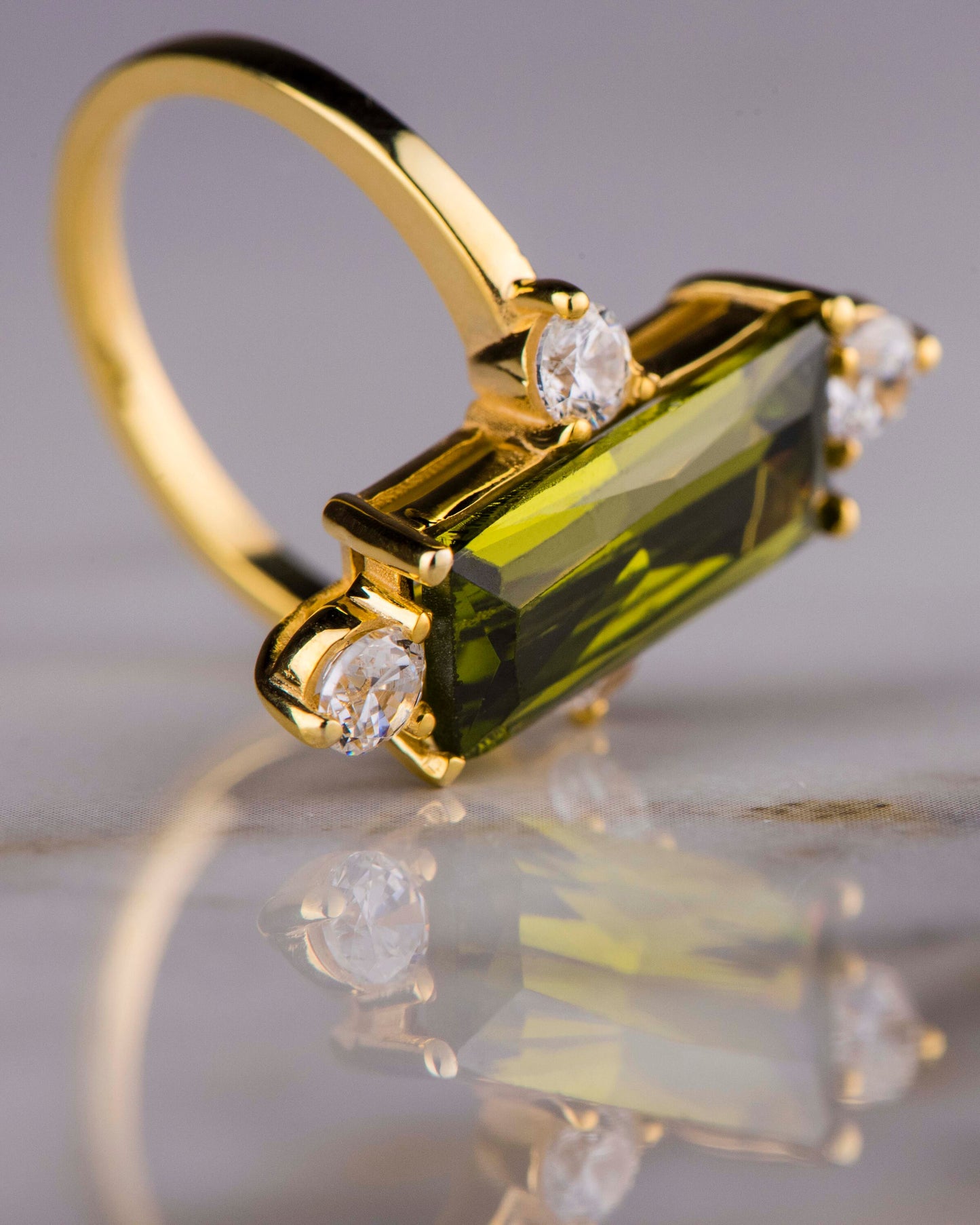 Statement Baguette Peridot and Diamond Ring in 14k Gold – Modern Vintage Engagement or Mother’s Day Gift
